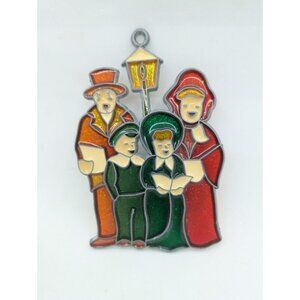 Vtg Carolers  Faux Stained Glass Look Plastic 5" Christmas Ornament Suncatcher